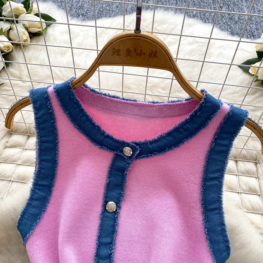 Denim Patchwork Ruffled Knit Mini Dress