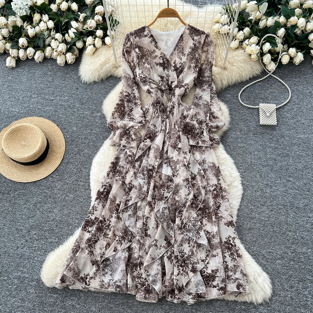 Print Chiffon V-Neck Fitted Maxi Dress