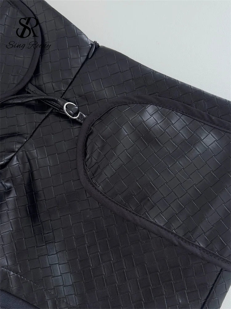 Black Woven Faux Leather Shorts