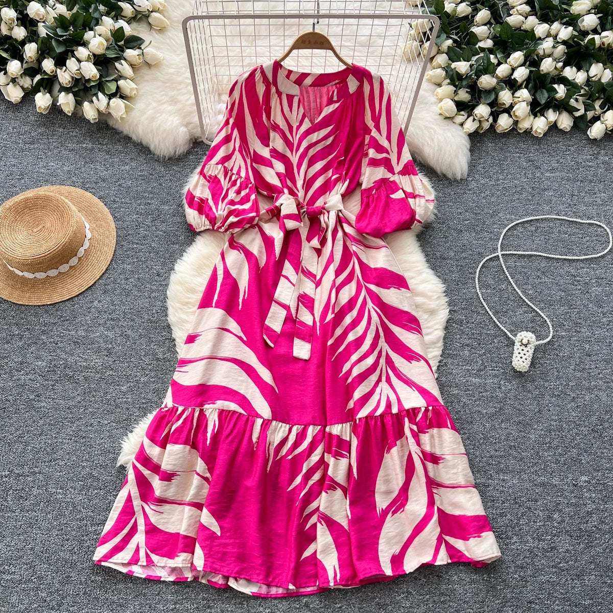 Print V-Neck Lantern Sleeve A-Line Maxi Dress