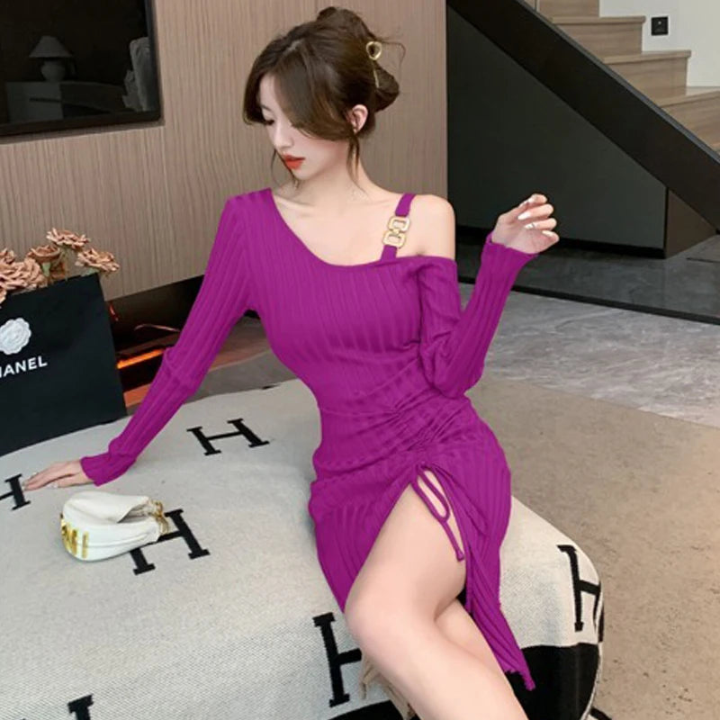 Ribbed Split Knit Bodycon Party Dress