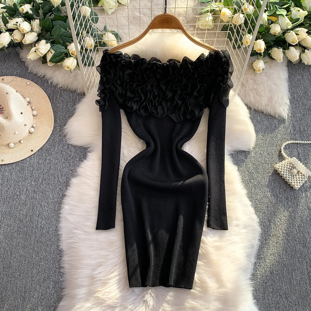 Off-Shoulder Ruffled Knit Mini Dress
