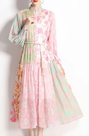 Print Pleated Lantern Sleeve A-Line Dress