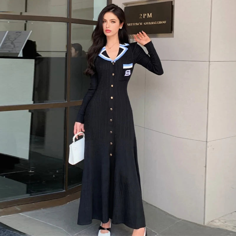 Embroidered Collared Knit Maxi Shirt Dress