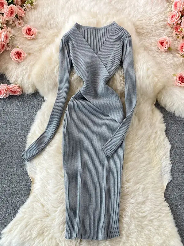 Cross V-Neck Knit Bodycon Dress