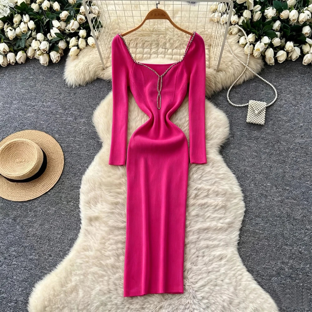 Rhinestone Long Sleeve Bodycon Maxi Dress