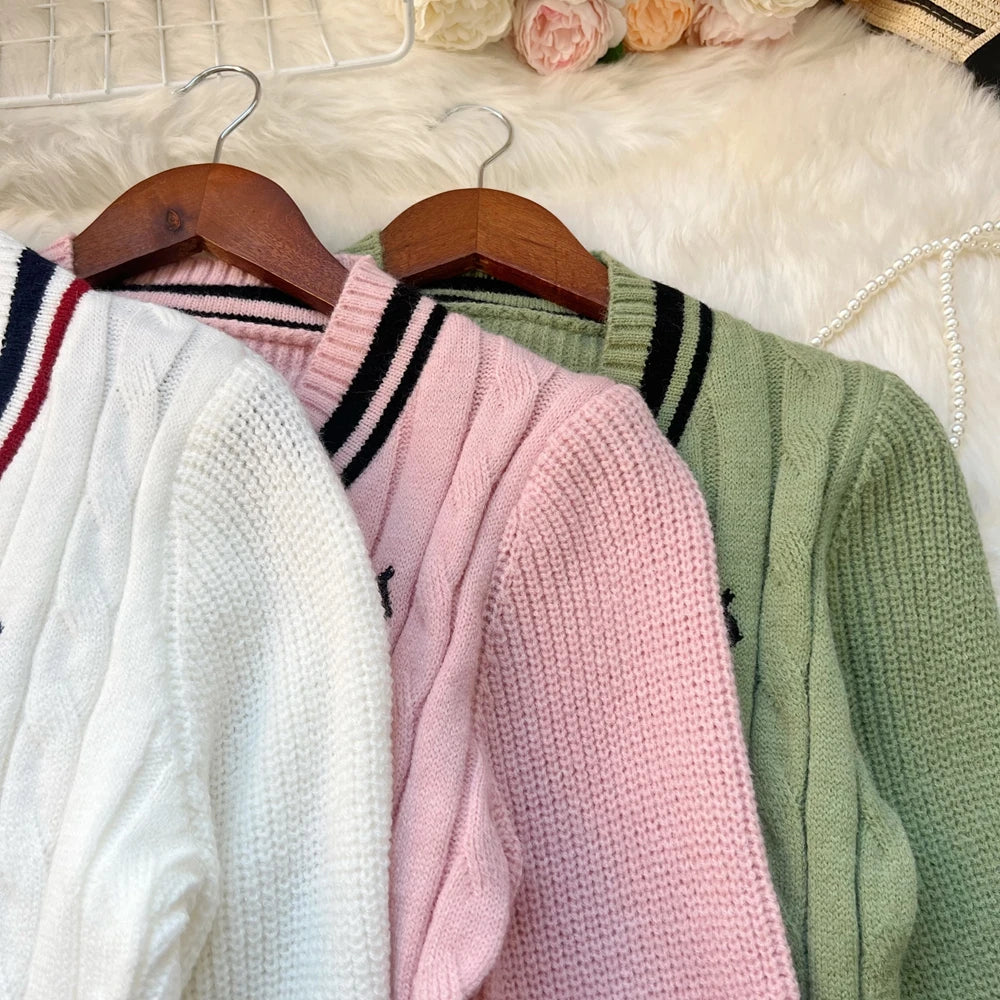 Embroidered Long Sleeve Knit Pullover Sweater