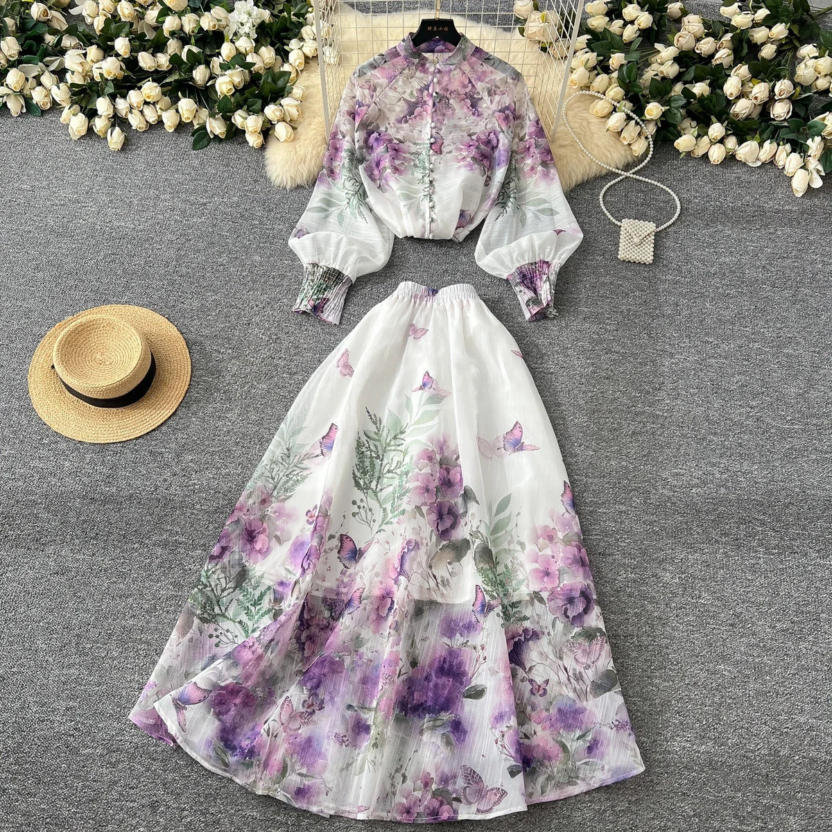Print Lantern Sleeve Top and Maxi Skirt Set