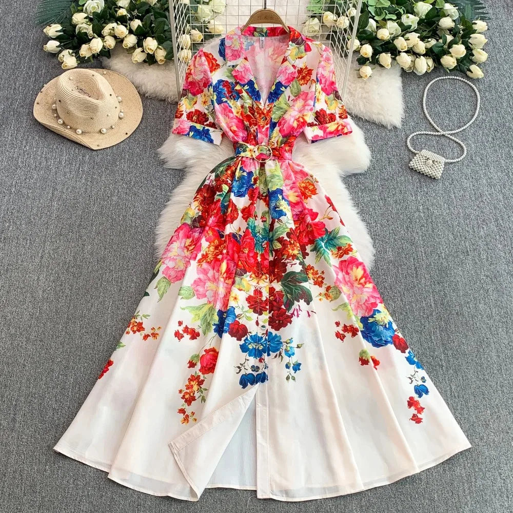 Print Button Front A-Line Maxi Dress