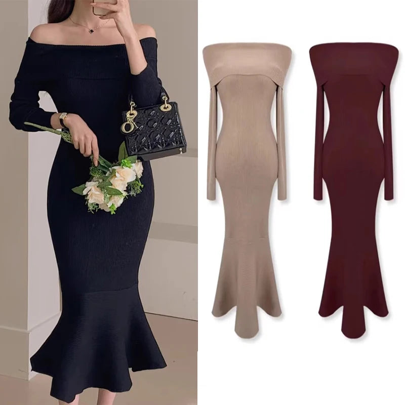 Off-Shoulder Long Sleeve Knit Mermaid Dress