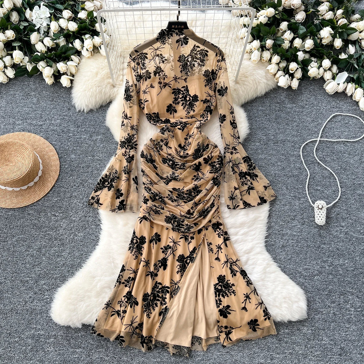 Mesh Print Flare Sleeve Mermaid Dress