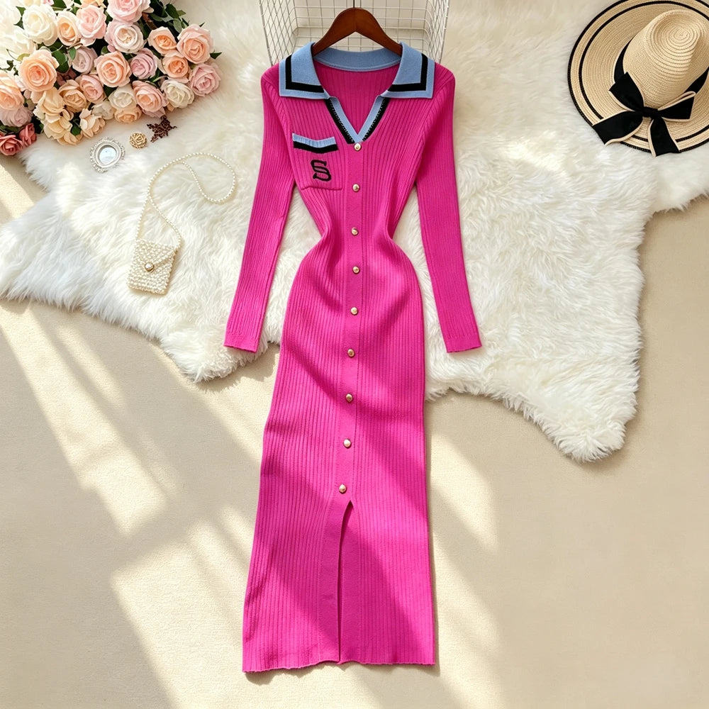 Embroidered Button Knit Bodycon Maxi Dress