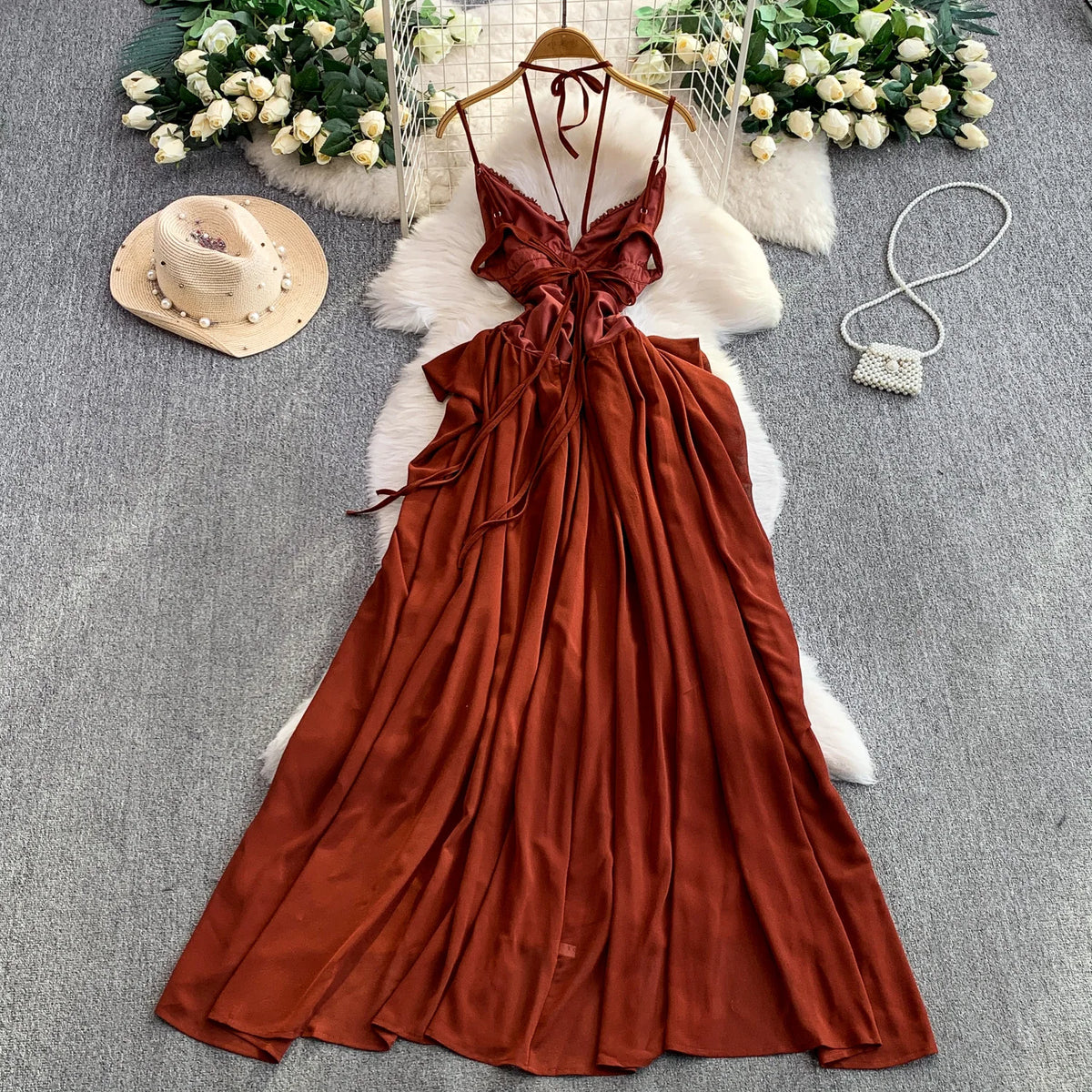 Backless Halter V-Neck Sleeveless Dress