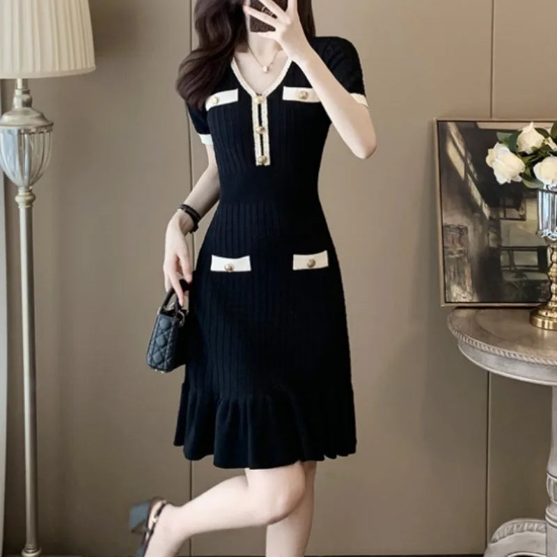 Buckle V-Neck Knit Mermaid Dress