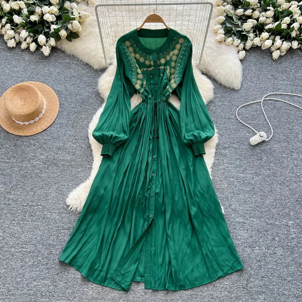 Embroidered Print Lace-Up Maxi Dress