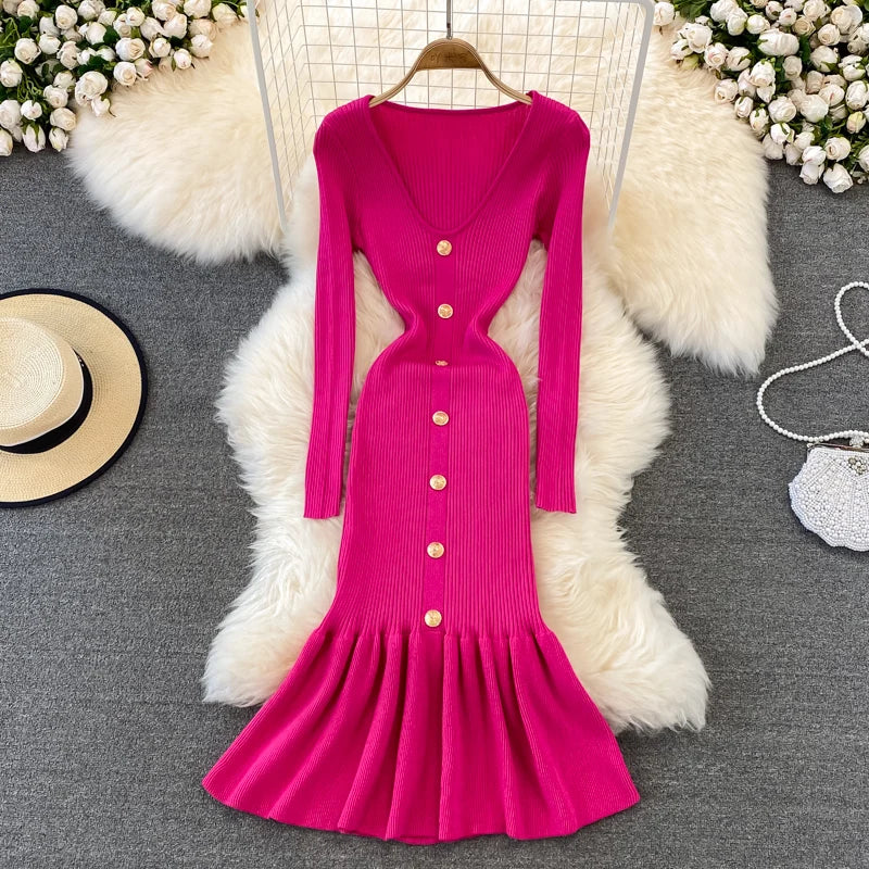 V-Neck Long Sleeve Knit Mermaid Dress