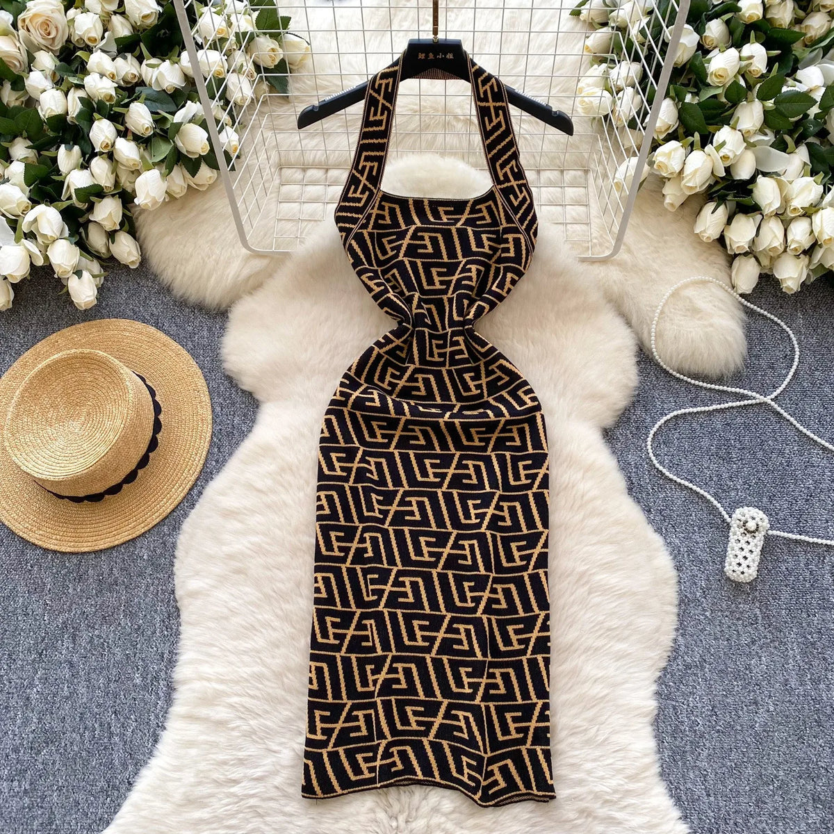Letter Knit Halter Backless Mini Dress