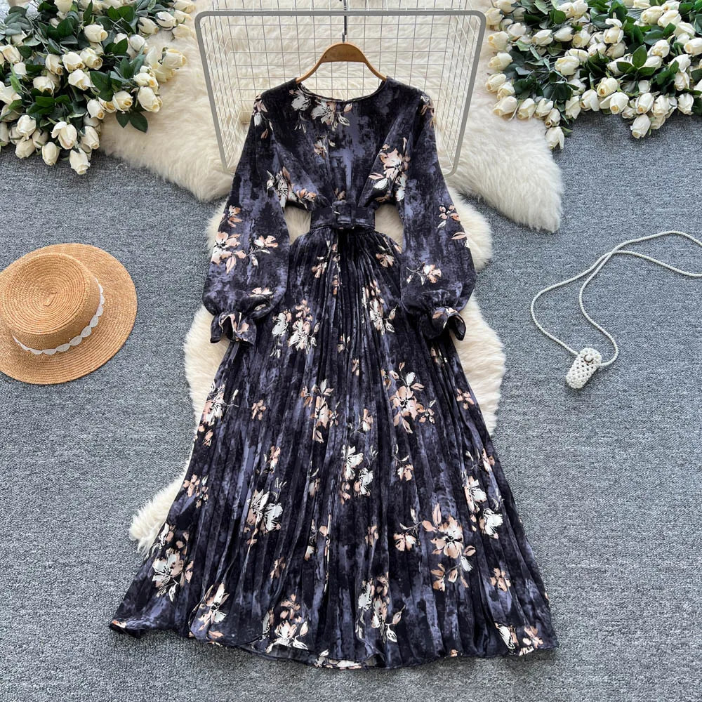 Belted Crew Neck Long Sleeve Dress