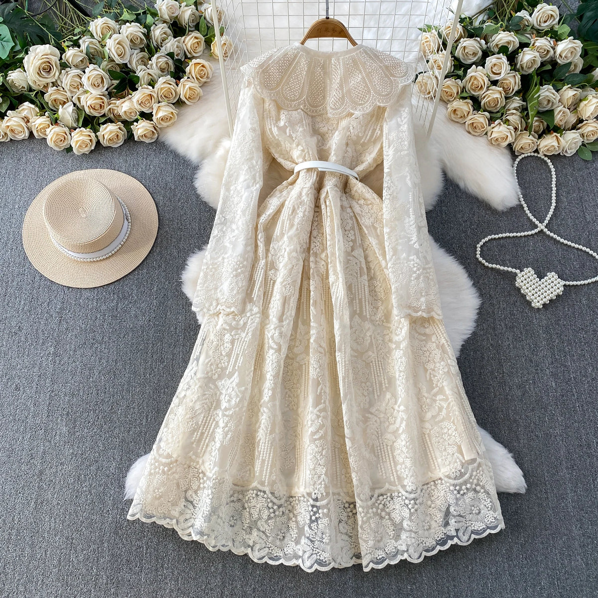Peter Pan Collar Button Long Sleeve Maxi Dress