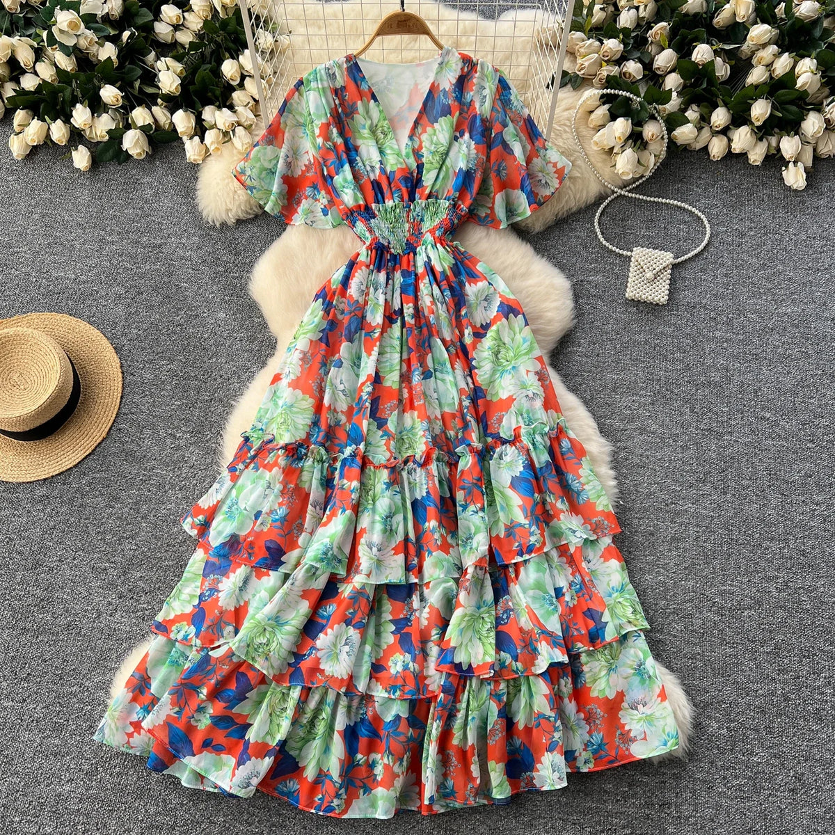 Print Chiffon Butterfly Sleeve A-Line Dress