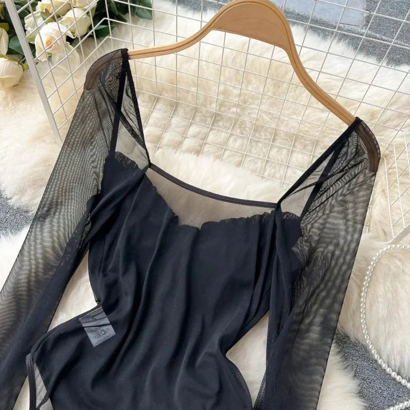 Mesh V-Neck Long Sleeve Bodysuit