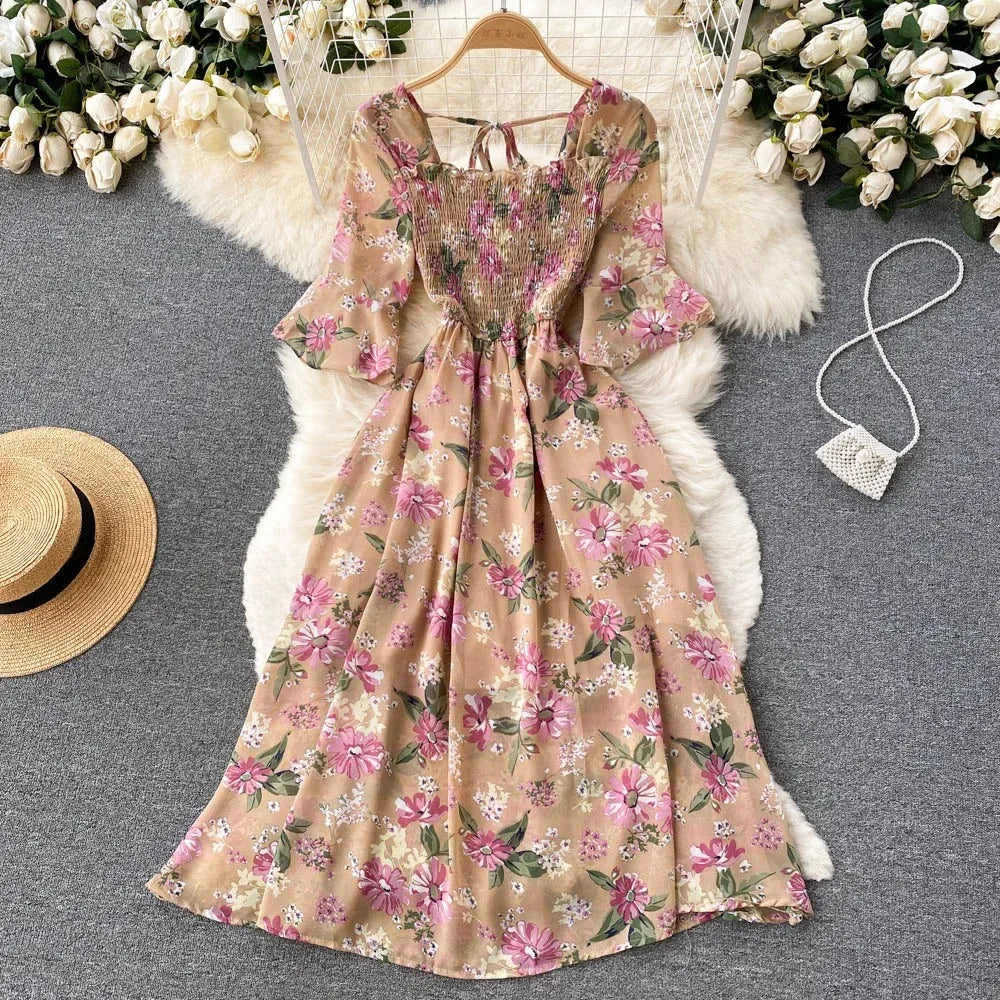 Floral Puff Sleeve Elastic Waist Dress