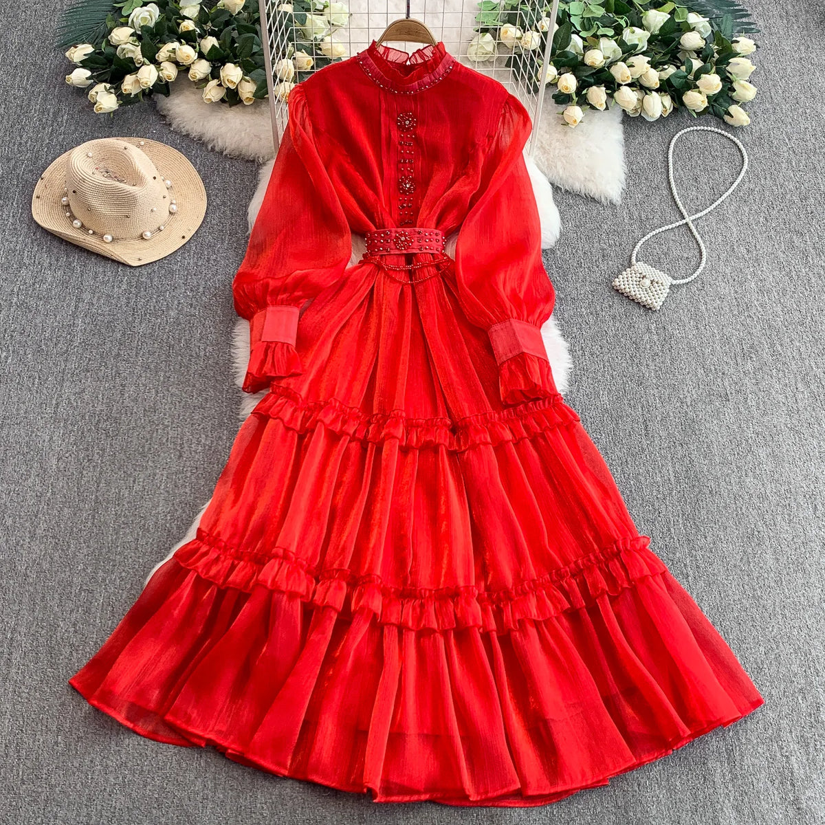 Rhinestone Mesh Long Sleeve Dress
