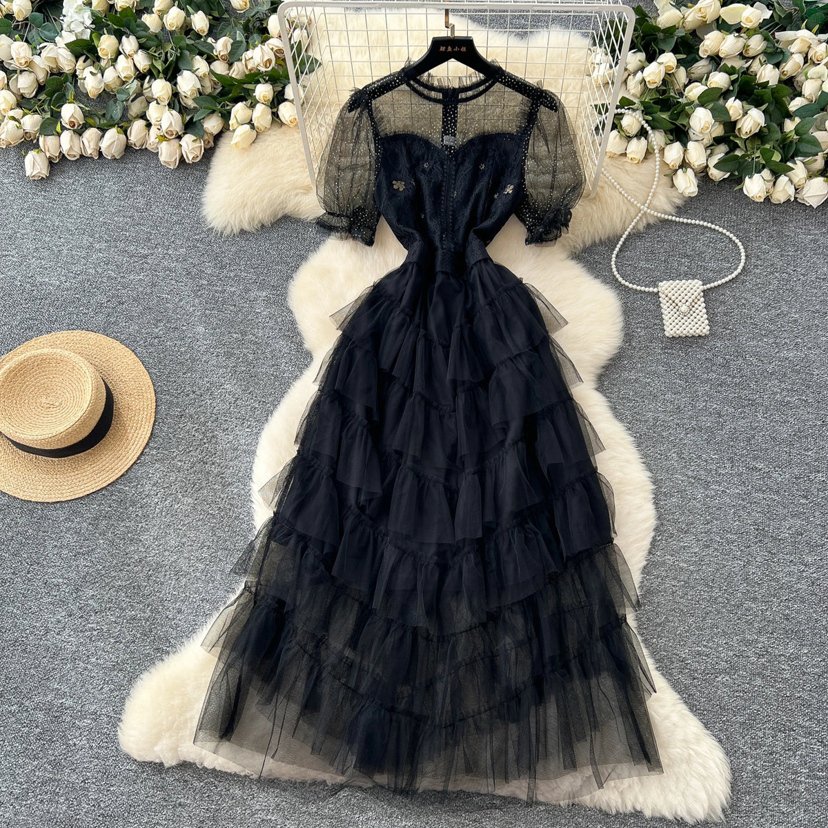Glitter Mesh Puff Sleeve Dress