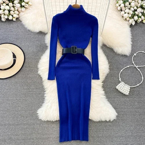 Belted Turtleneck Knit Pencil Dress
