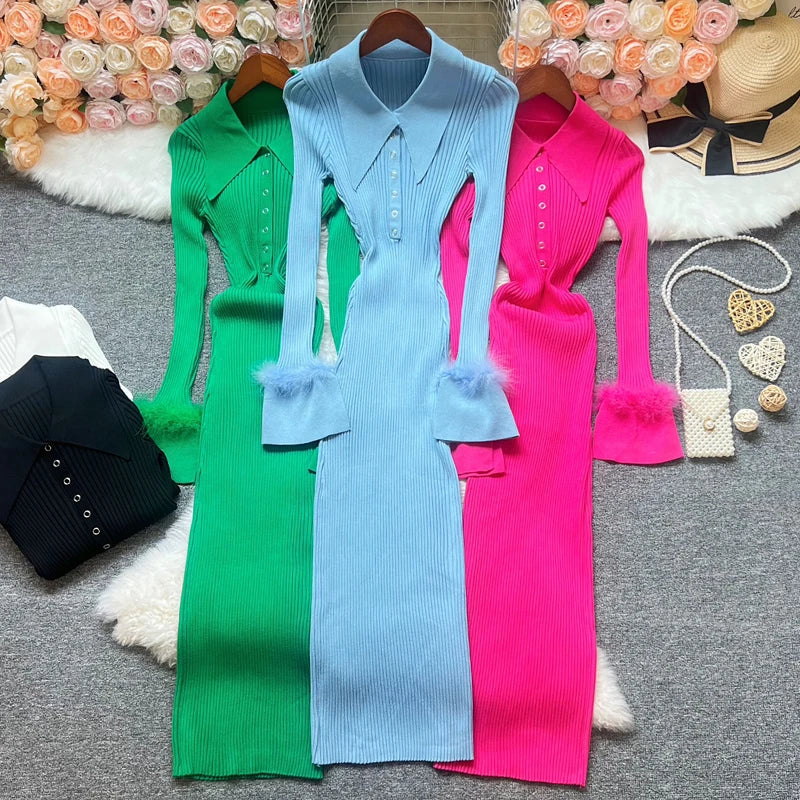Fur Trim Knit Bodycon Maxi Dress