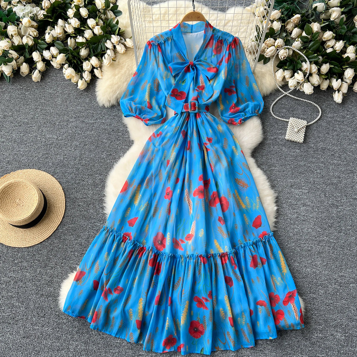 Vintage Print Bow Puff Sleeve Ruffle Dress