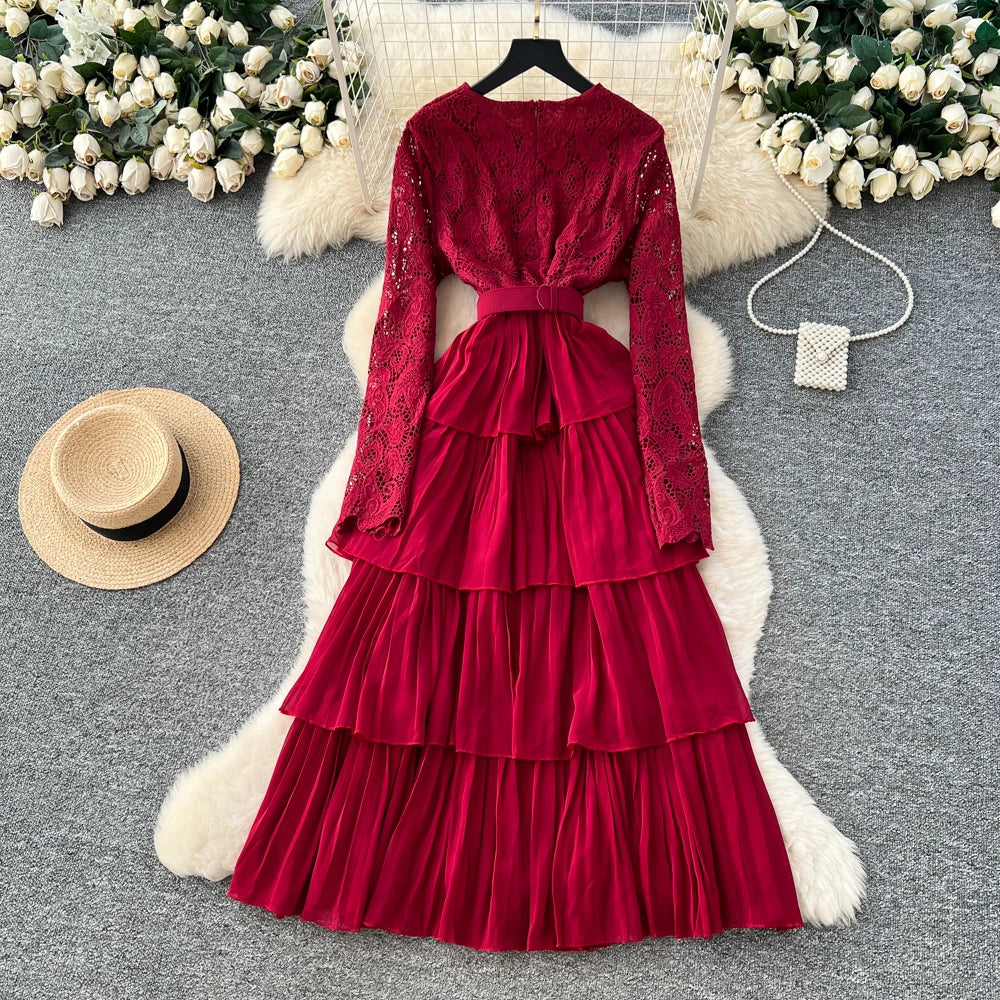 Lace O-Neck Long Sleeve A-Line Dress