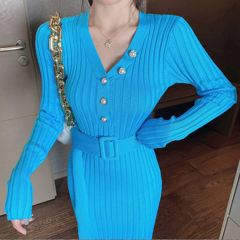 Belted Ribbed V-Neck Knit Sweater Dress