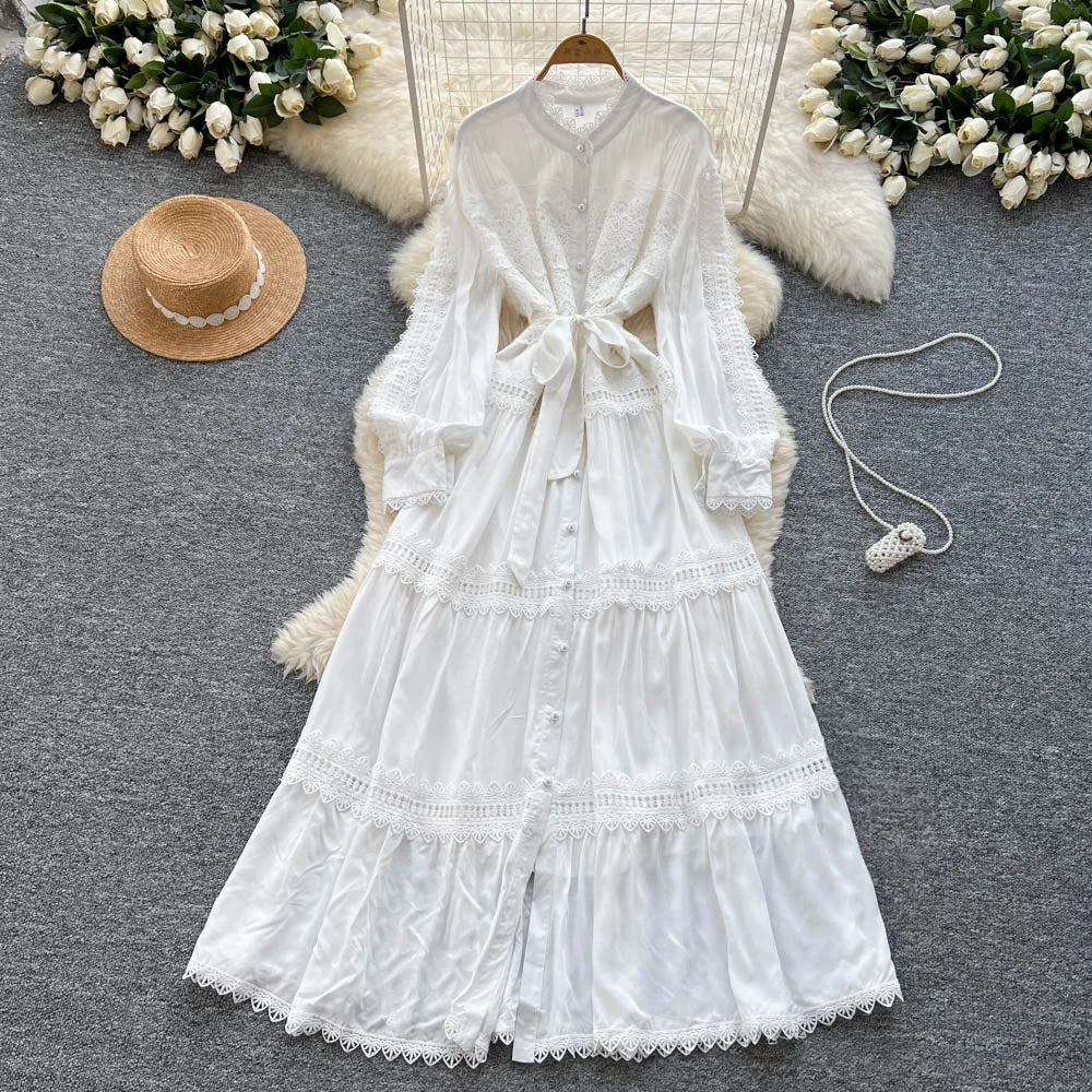 Crochet Cutout Button Long Dress