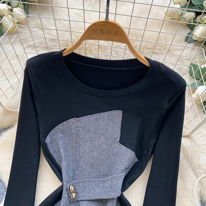 Tweed Panel Tie Waist Peplum Blouse