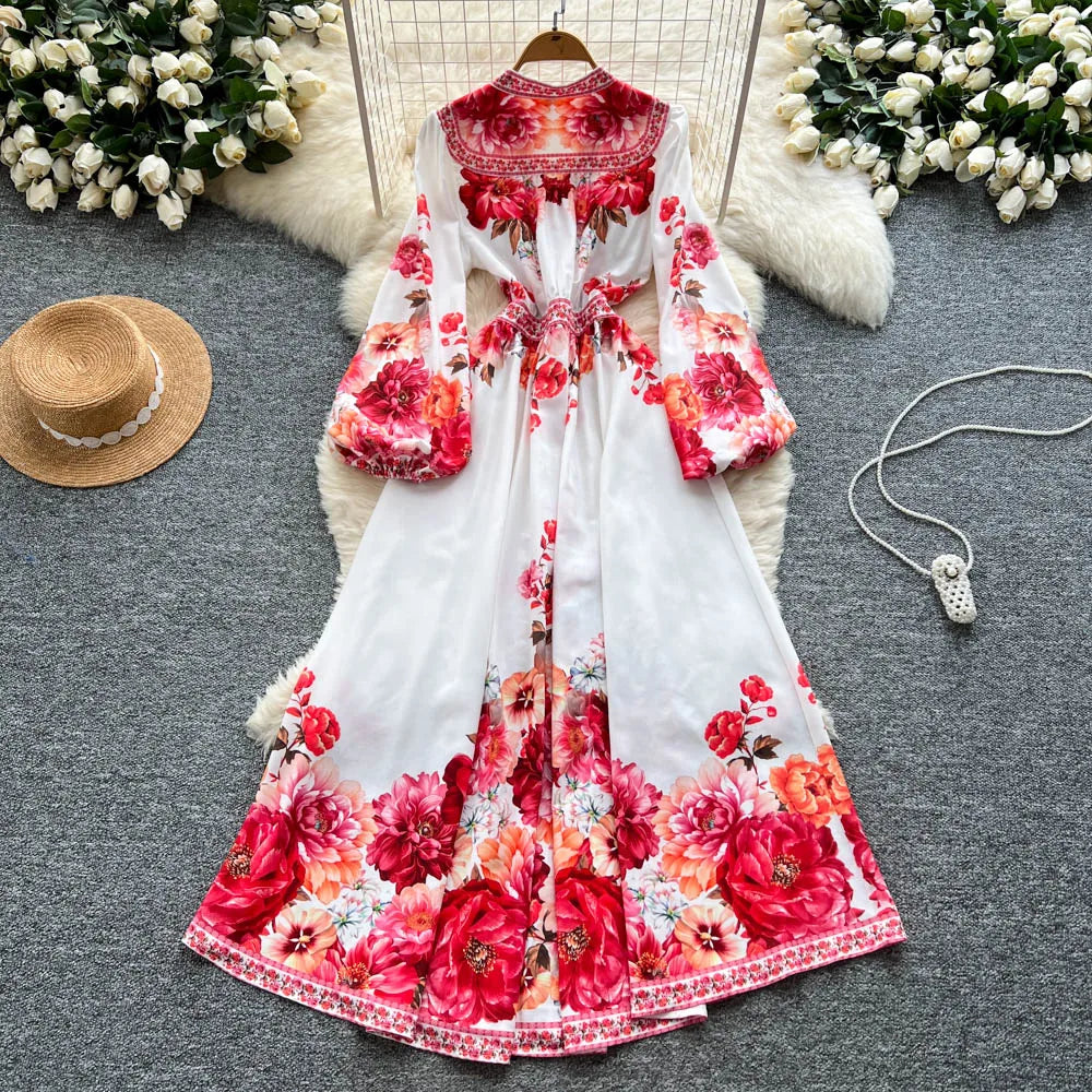 Loose Print Long Sleeve Evening Dress