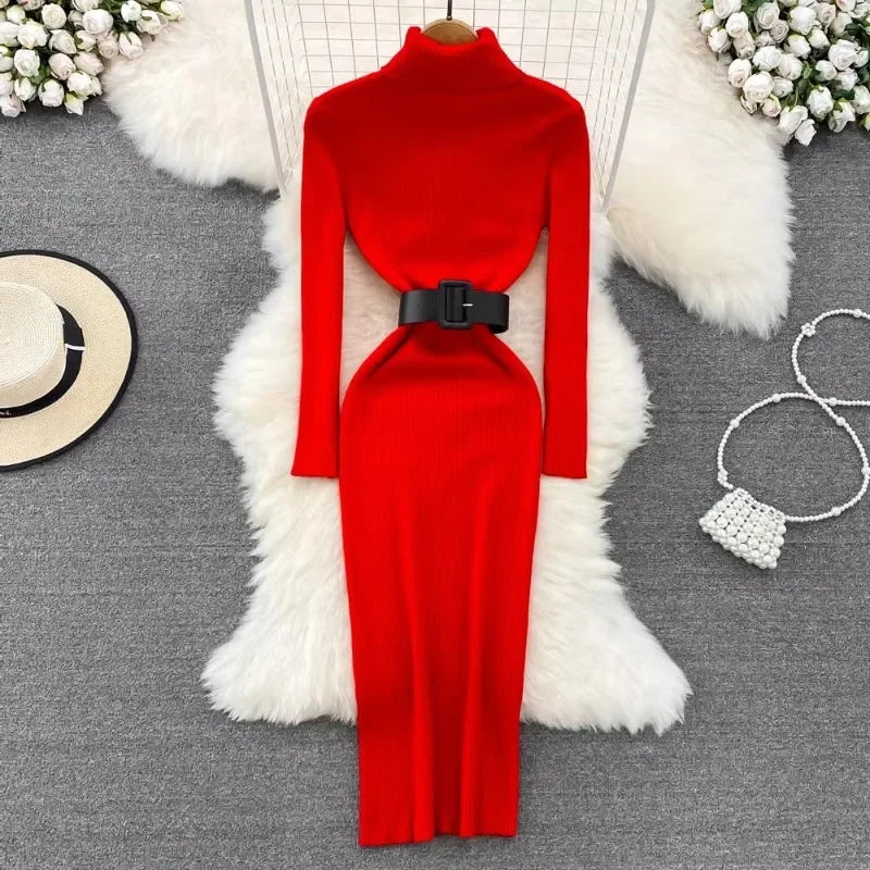 Belted Turtleneck Knit Pencil Dress