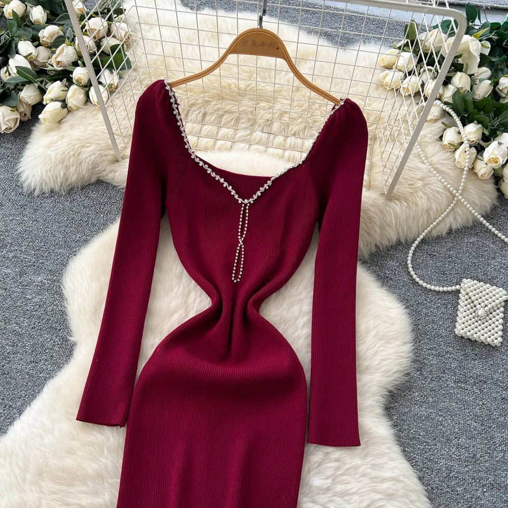 Rhinestone Long Sleeve Bodycon Maxi Dress