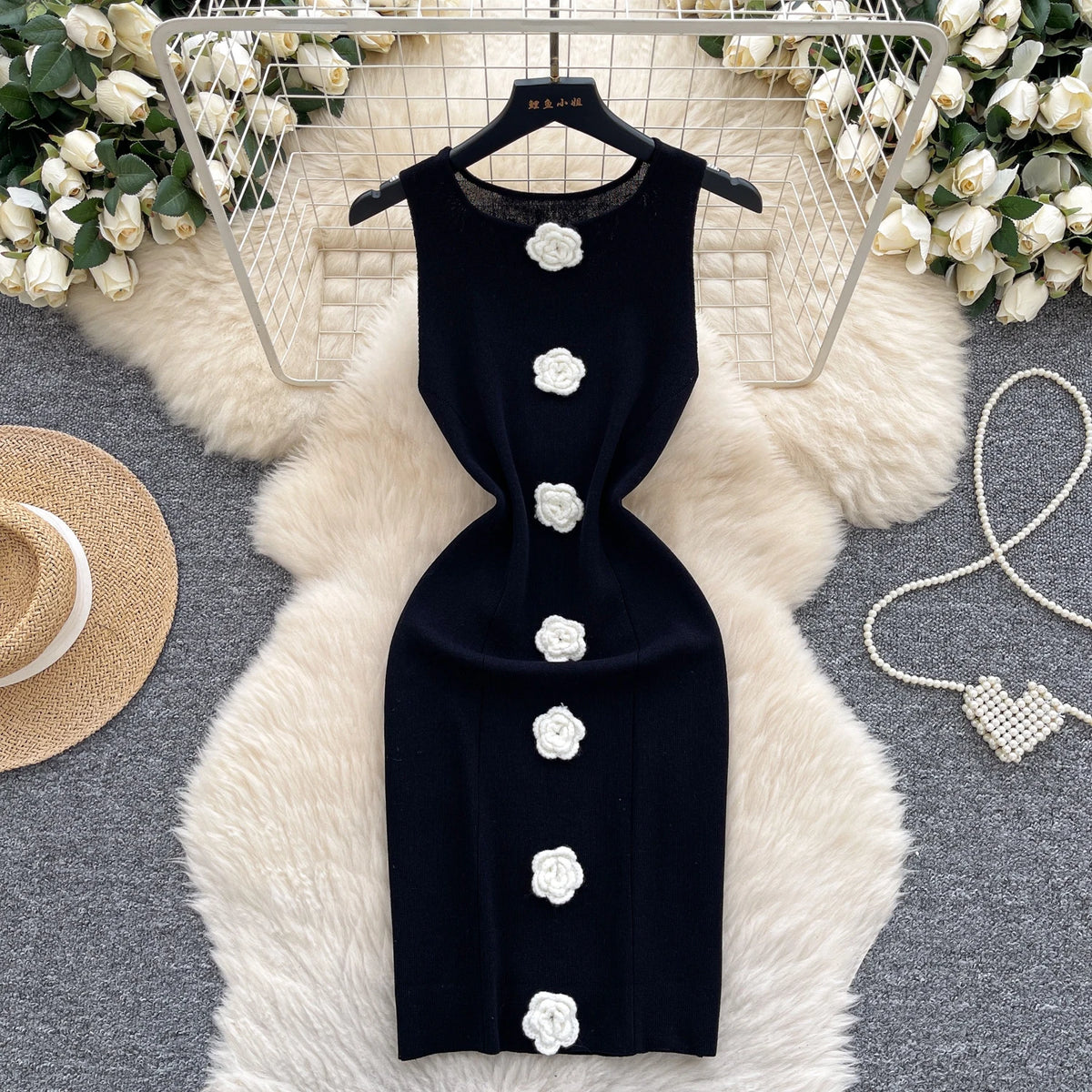 3D Flower Sleeveless Knit Mini Dress