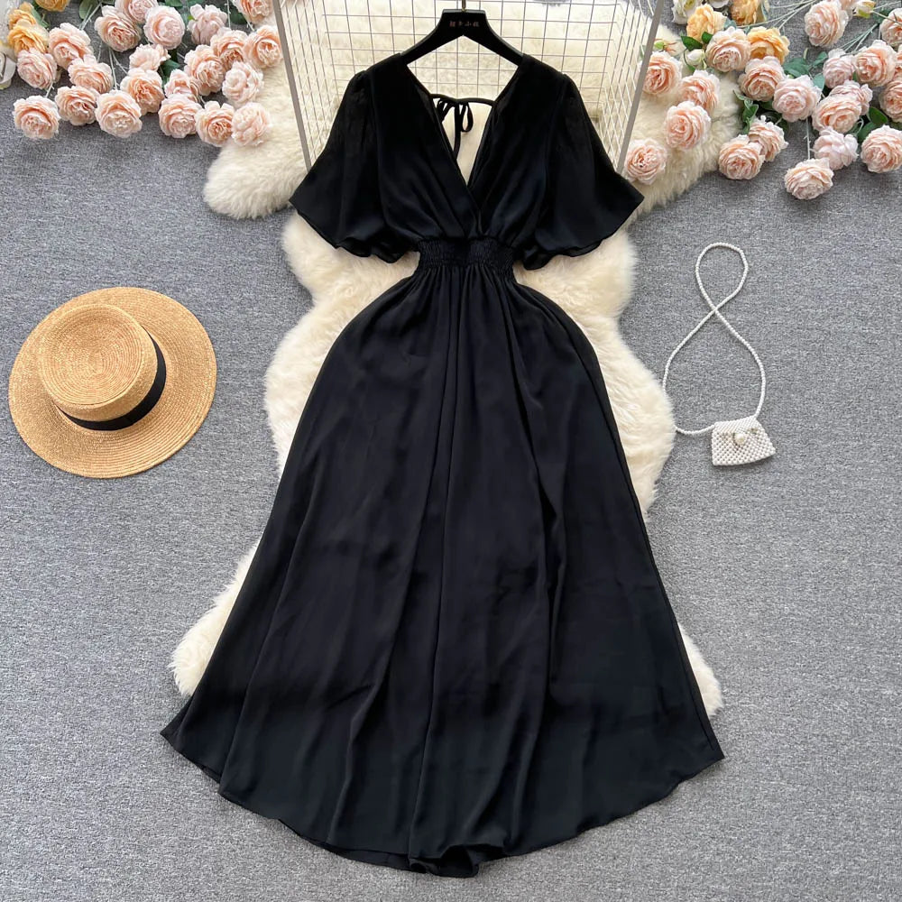 Backless Ruched Chiffon Boho Sundress
