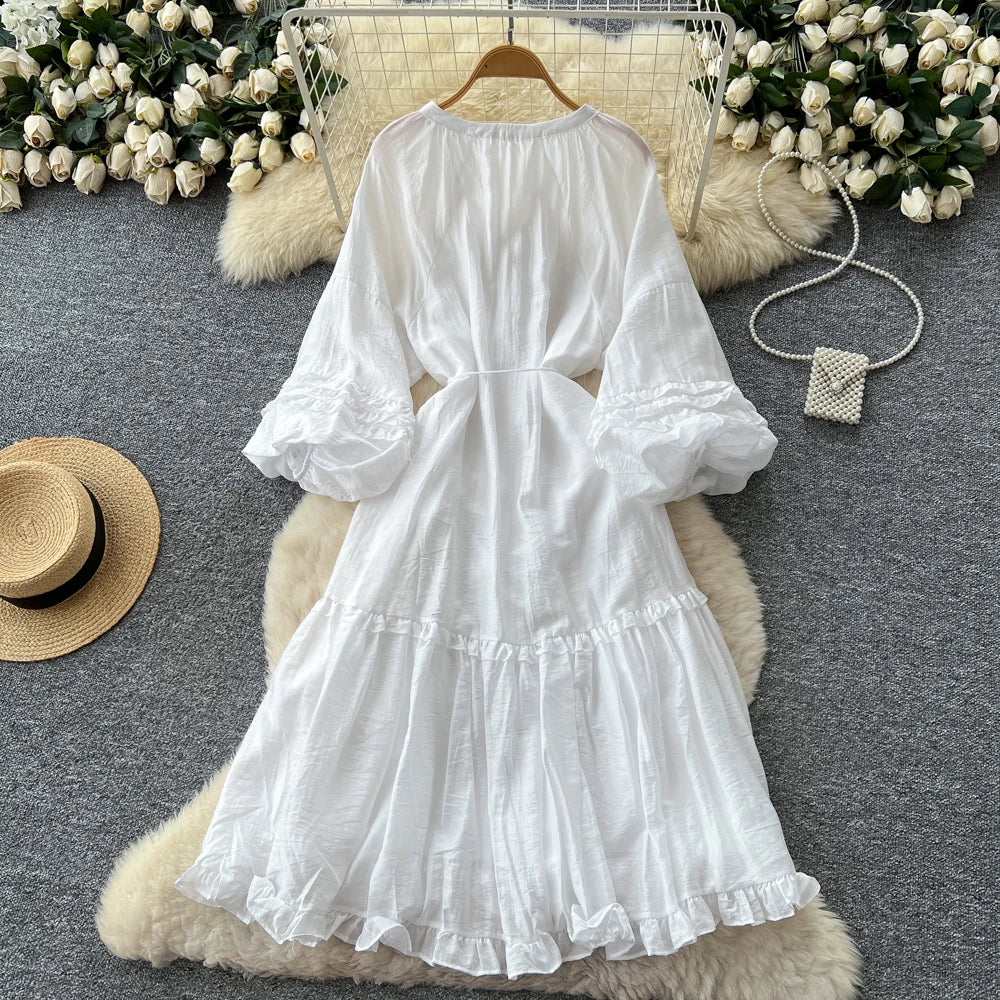 Lettuce Trim Ruched Long Sleeve Dress