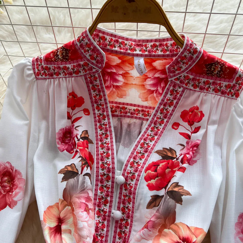 Loose Print Long Sleeve Evening Dress