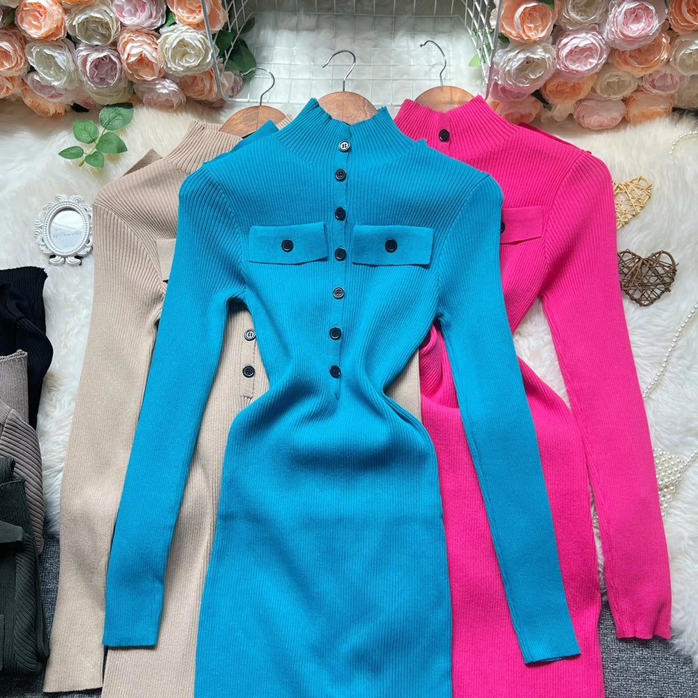 Turtleneck Button Knit Bodycon Sweater Dress