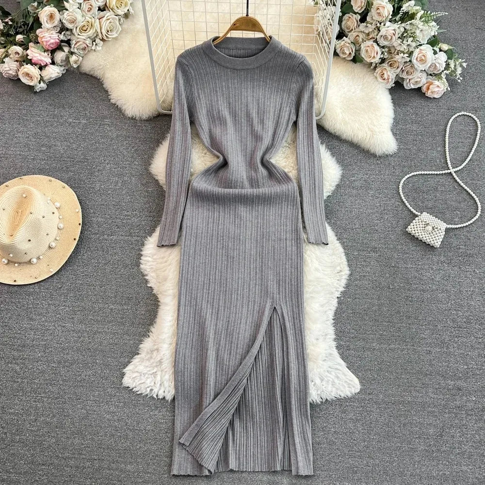 Ribbed High Slit Knit Maxi Dress