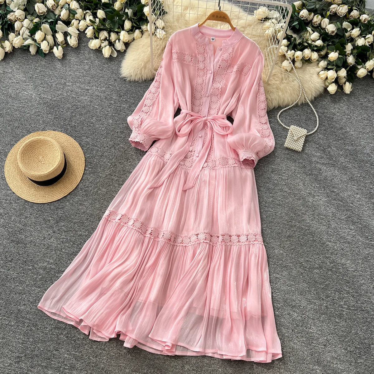 Jacquard Puff Sleeve Ruffle Swing Dress