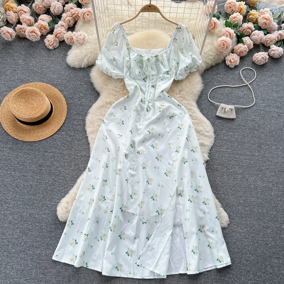 Print Square Neck Puff Sleeve Split Dress