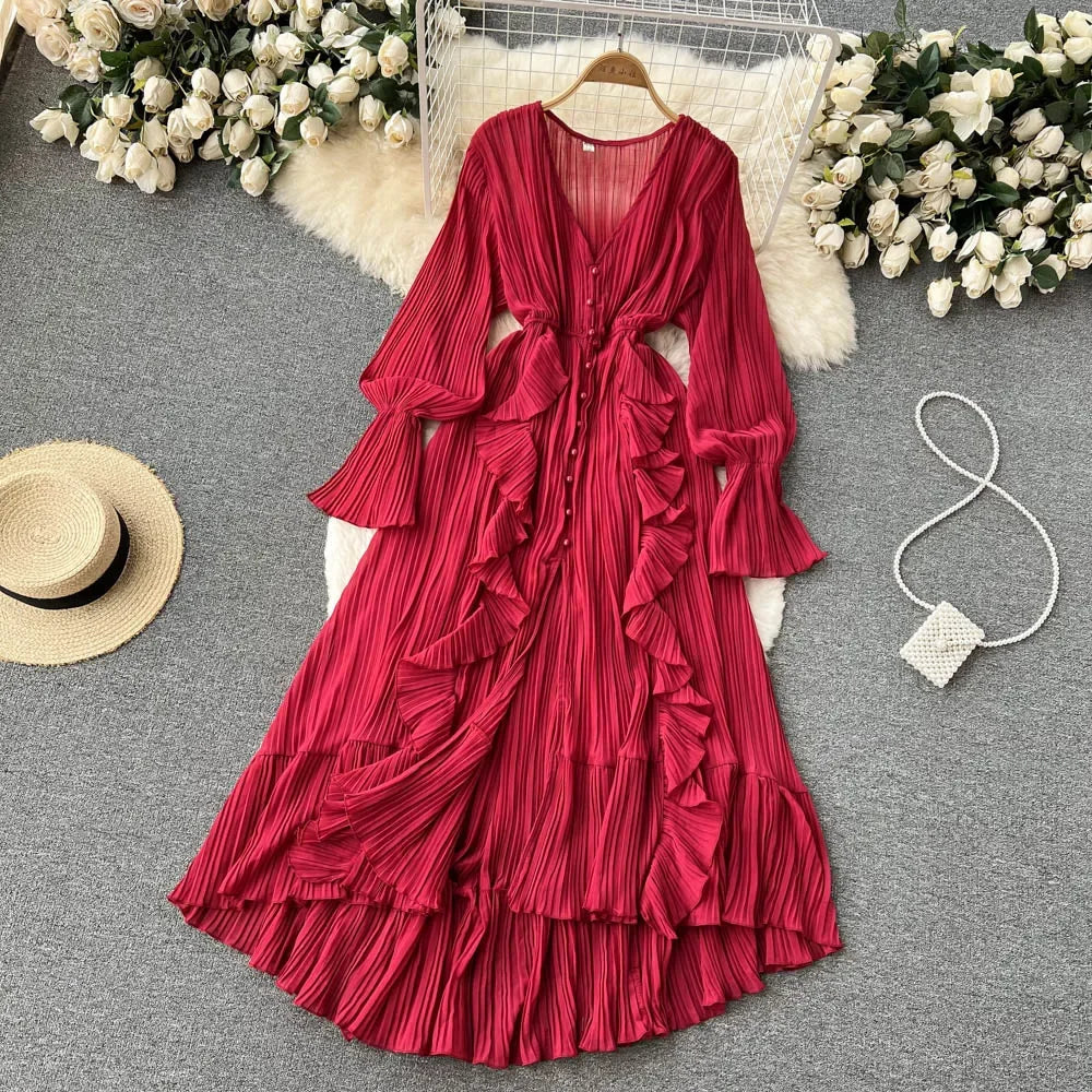 Ruffle Pleated V-Neck Long Sleeve Dress