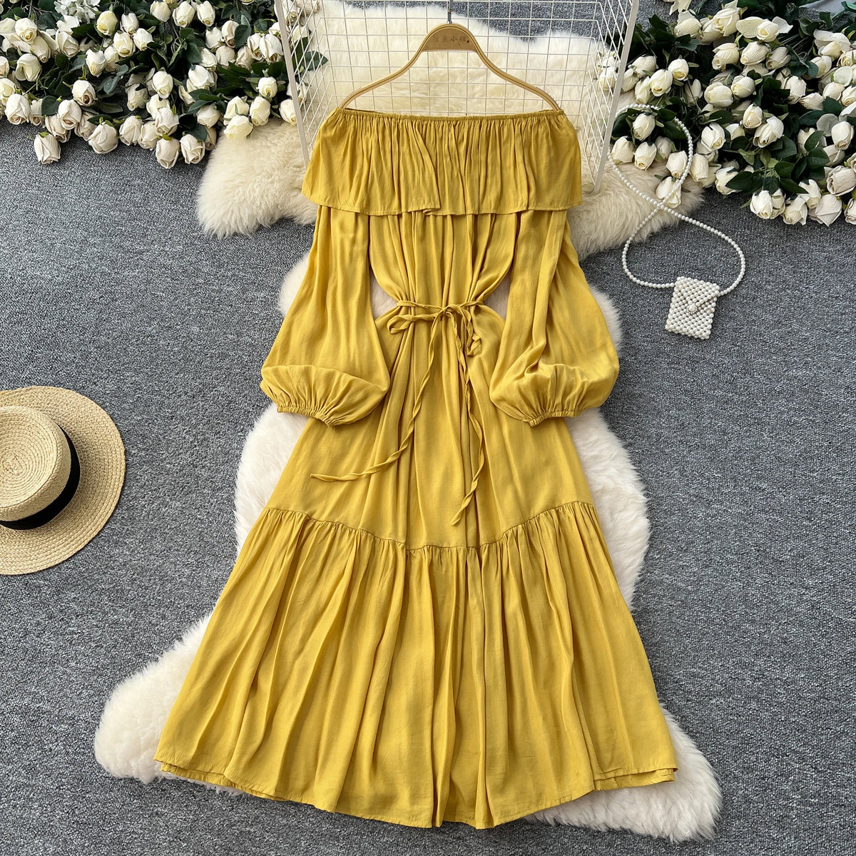 Ruched Ruffle Boat Neck Party Dress