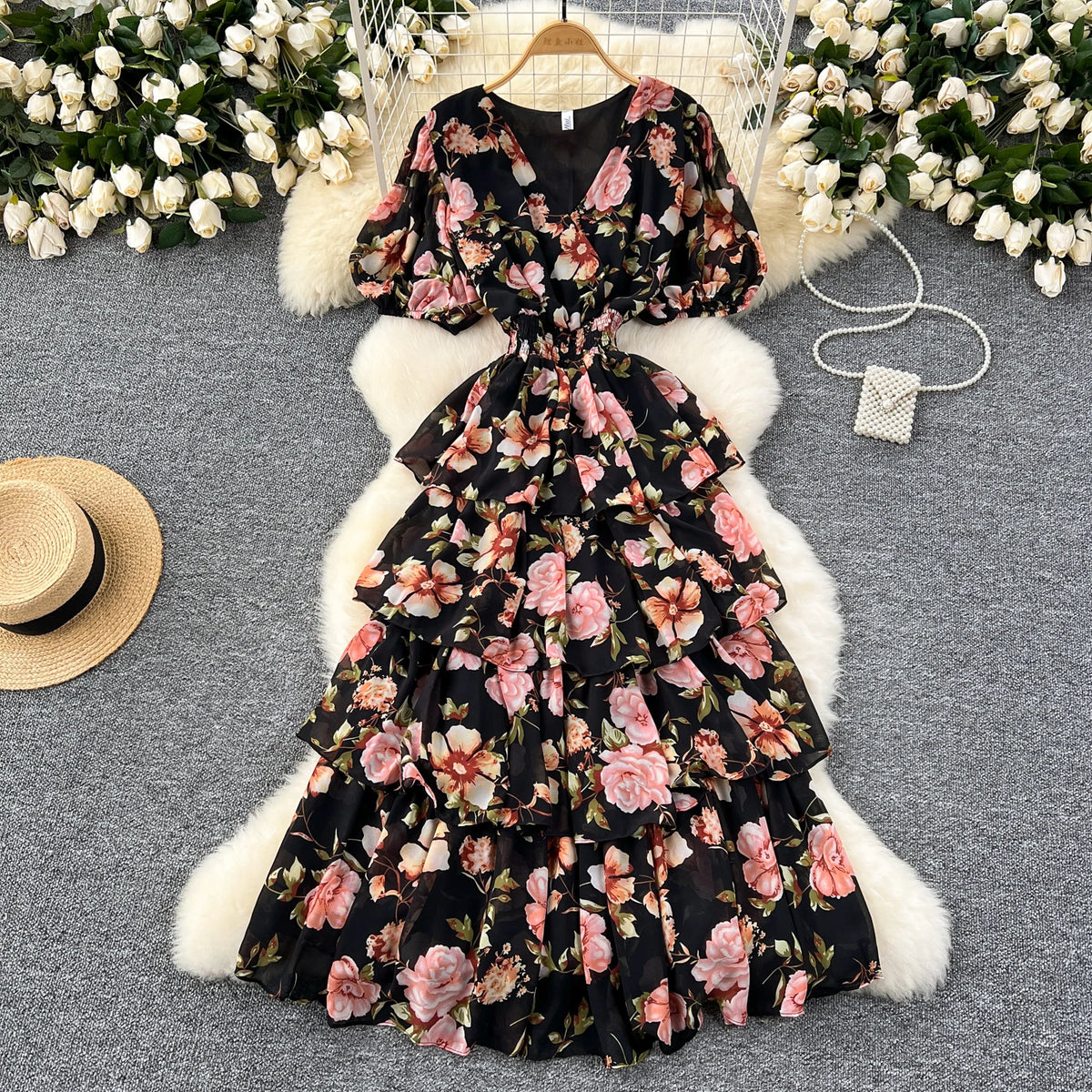 Floral V-Neck Chiffon Resort Dress