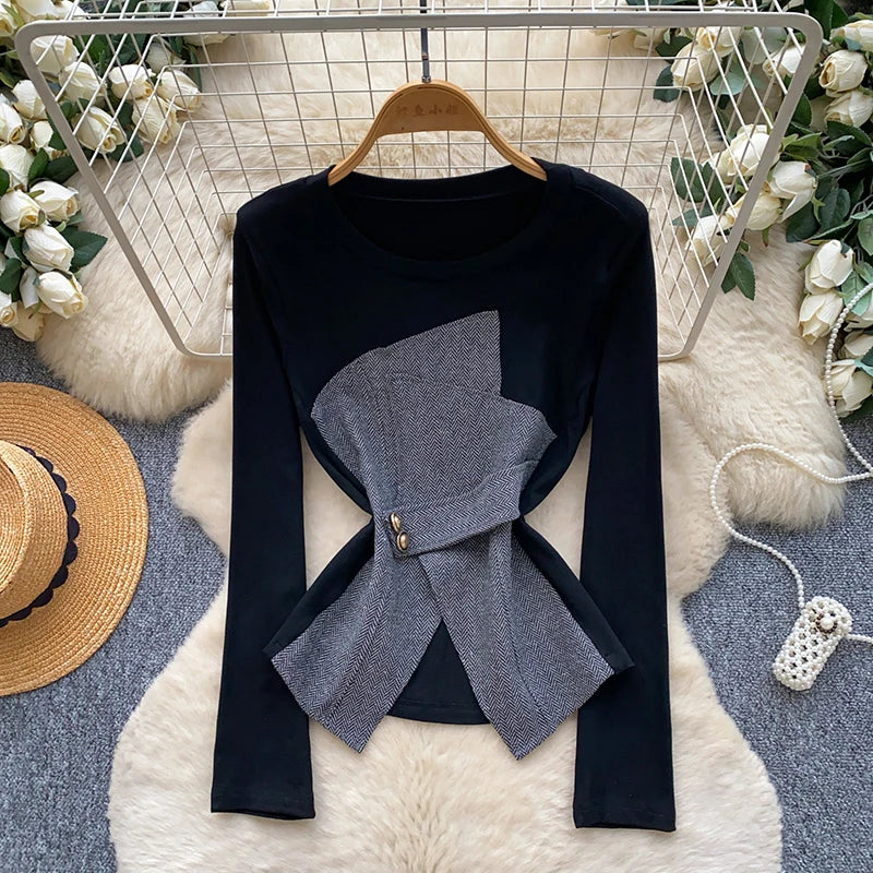 Tweed Panel Tie Waist Peplum Blouse